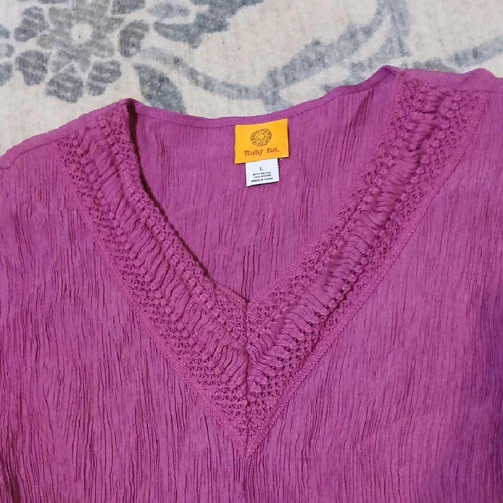 Ruby Rd. Magenta Crinkled V-Neck Top - Picture 4 of 9